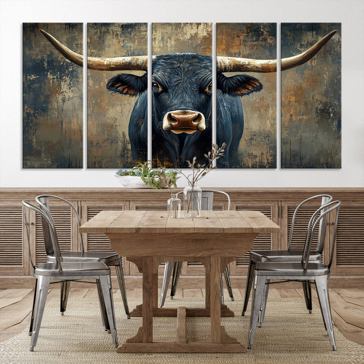 Abstract Cow Longhorn Bull Wall Art Canvas Print - Rustic Texas Western Cattle Artwork