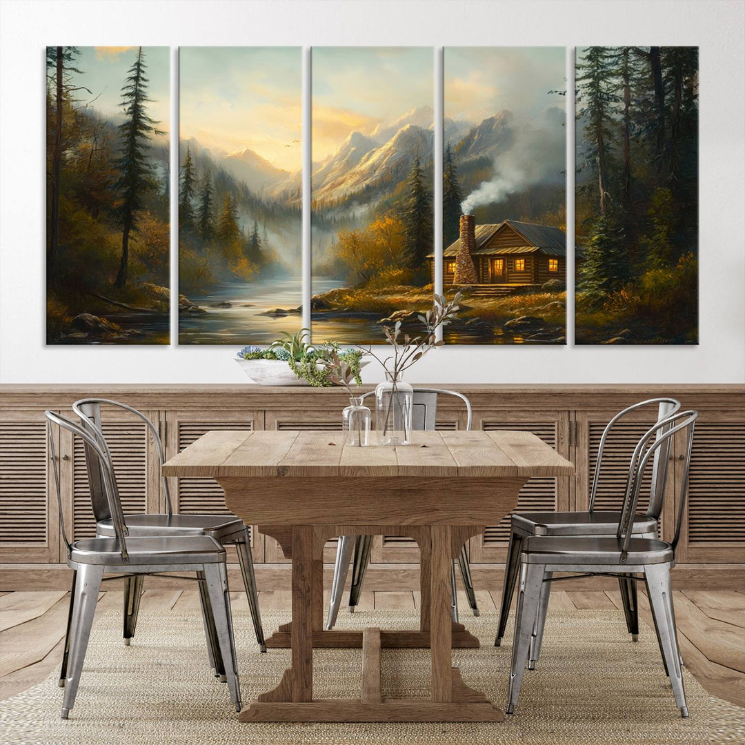 Wood Cabin Retreat Mountain at Sunset Wall Art Print - Serene Forest and River Landscape Wall Art Canvas Print