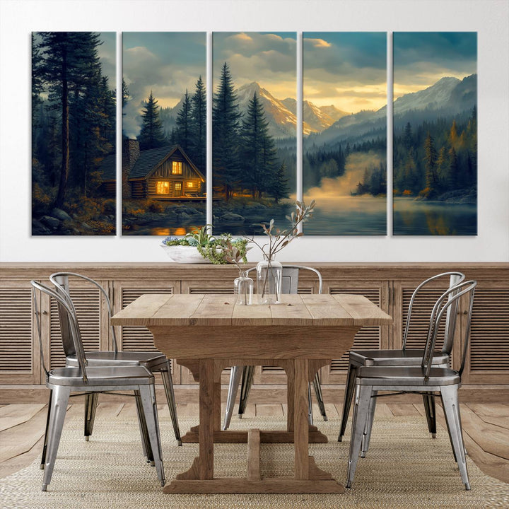 Mountain Cabin by the Lake at Sunset Wall Art - Serene Nature Canvas Print for Living Room Decor, Rustic Lodge Ambiance, 3-Panel Large Wall Art