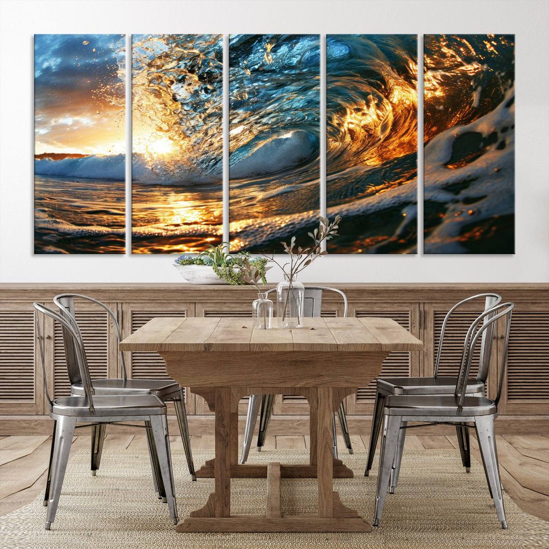 Ocean Wave at Sunset Wall Art | Ready to Hang Triptych Canvas Print | Coastal Wall Art for Living Room | Nautical and Beach House Decor