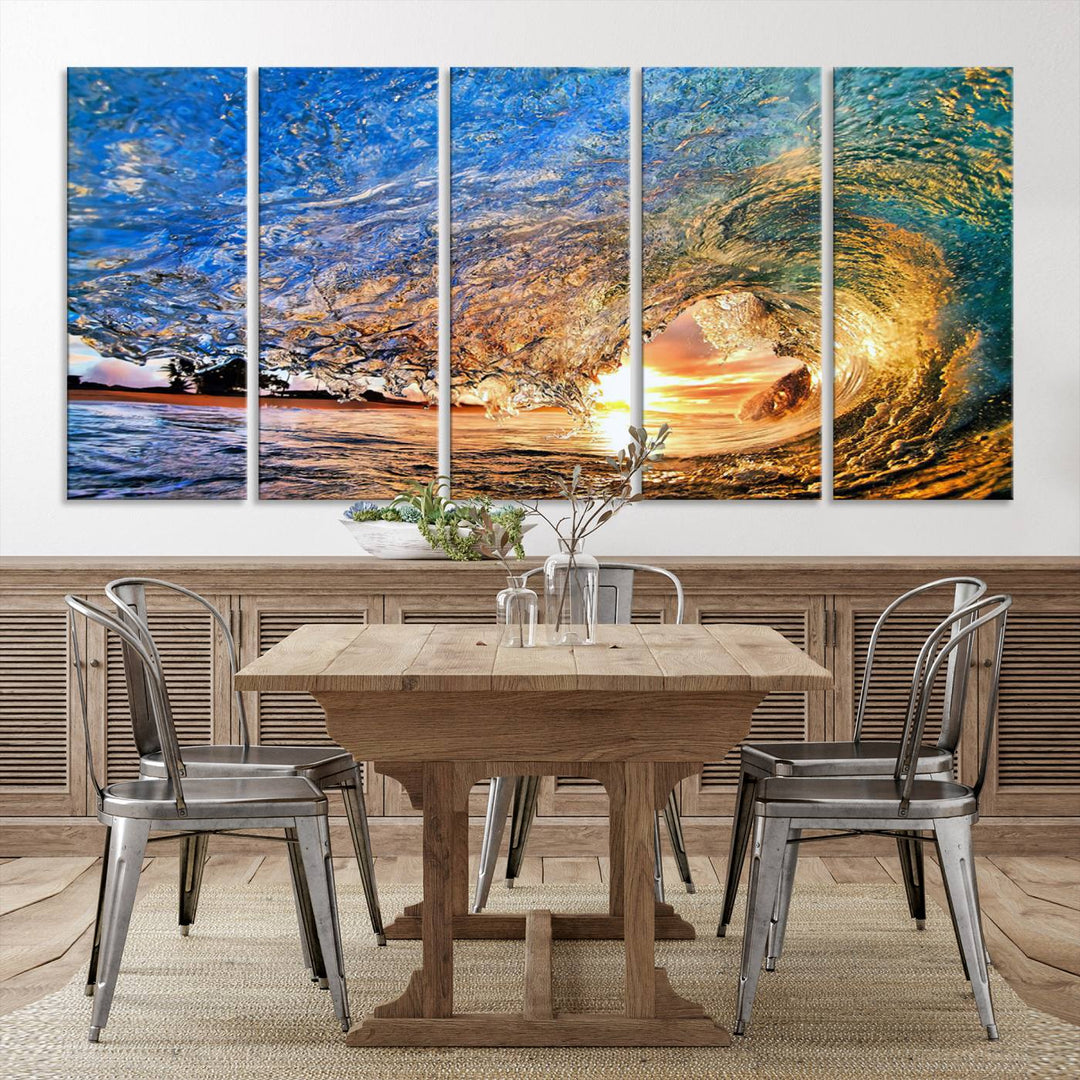 Ocean Wave at Sunset Canvas Print | Large Coastal Ocean Wall Art Print | Vibrant Beach Waves Art Print | Surf Lover Gift | Nautical Decor