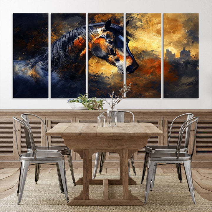 Abstract Horse Art Print on canvas, featuring a colorful background, perfect for rustic farmhouse or equestrian decor.