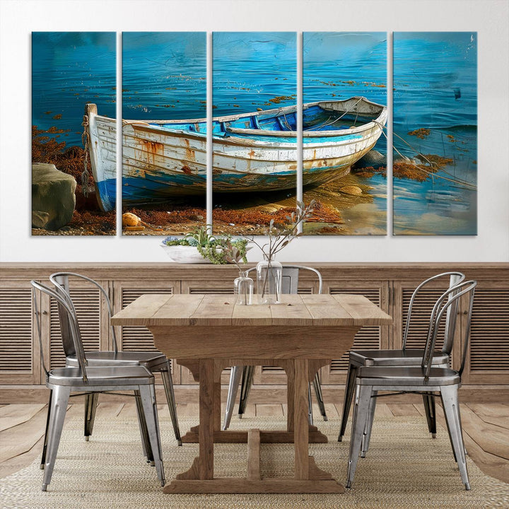 Vintage boat on tranquil waters—rustic triptych canvas print ideal for nautical or coastal wall art.