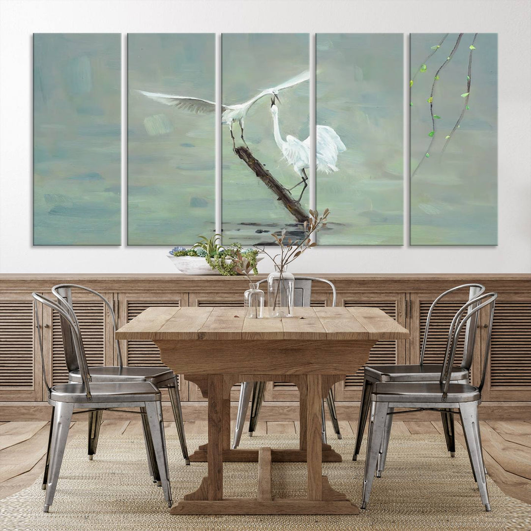 Elegant White Herons on Calm Waters | Coastal Wall Art for Nature-Inspired Decor | Serene Triptych Canvas Print | Ready to Hang Bird-Themed Art for Home Decor