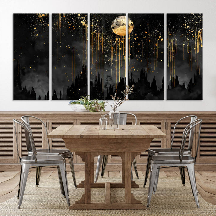 Gold Moon and Black Skyline Abstract Wall Art | Dark Modern Canvas Print with Dripping Gold Accents | Triptych Contemporary Homes