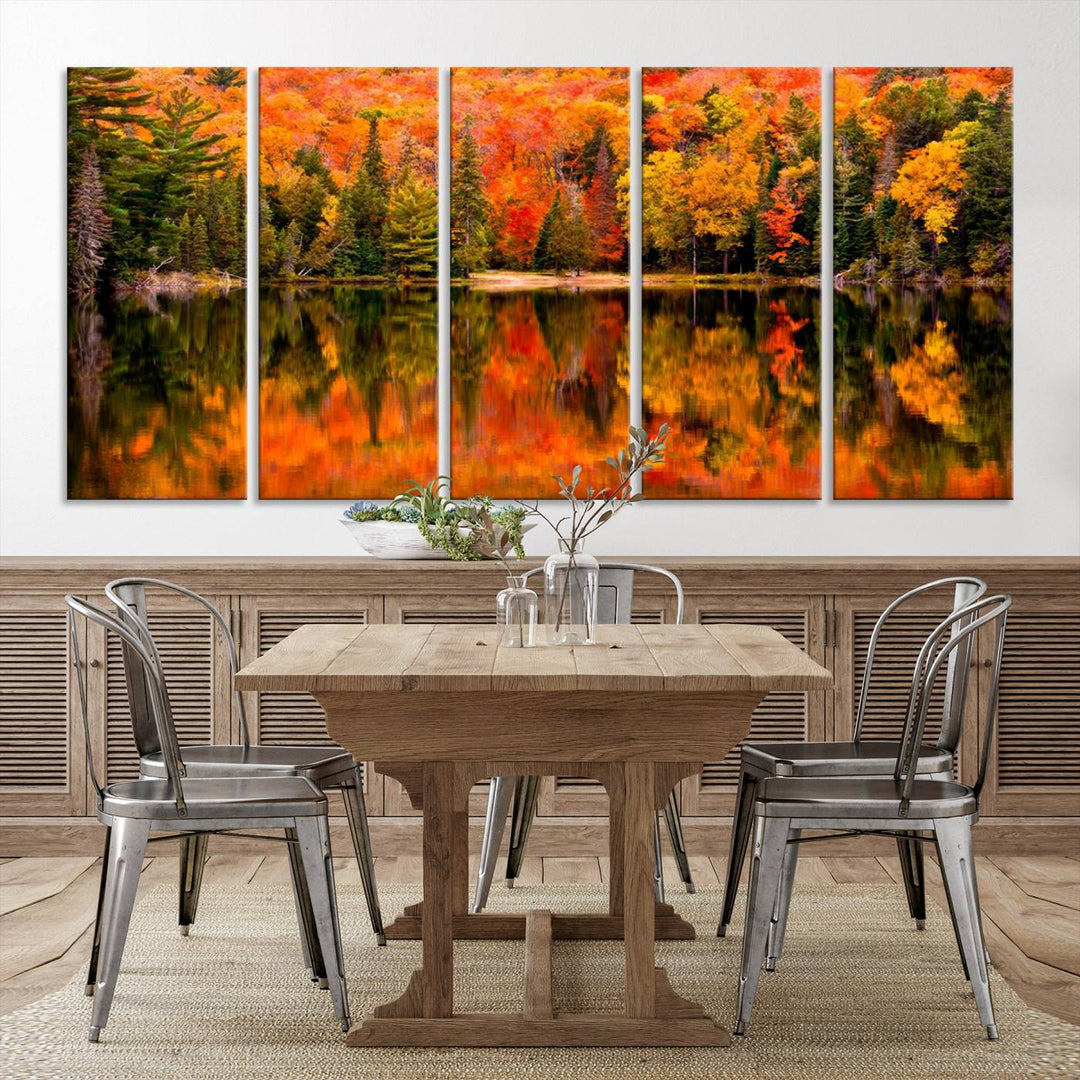 Autumn Forest Reflection Wall Art | Triptych Canvas Print | Vibrant Fall Foliage Wall Decor | Nature-Inspired Cabin Wall Art for Living Room