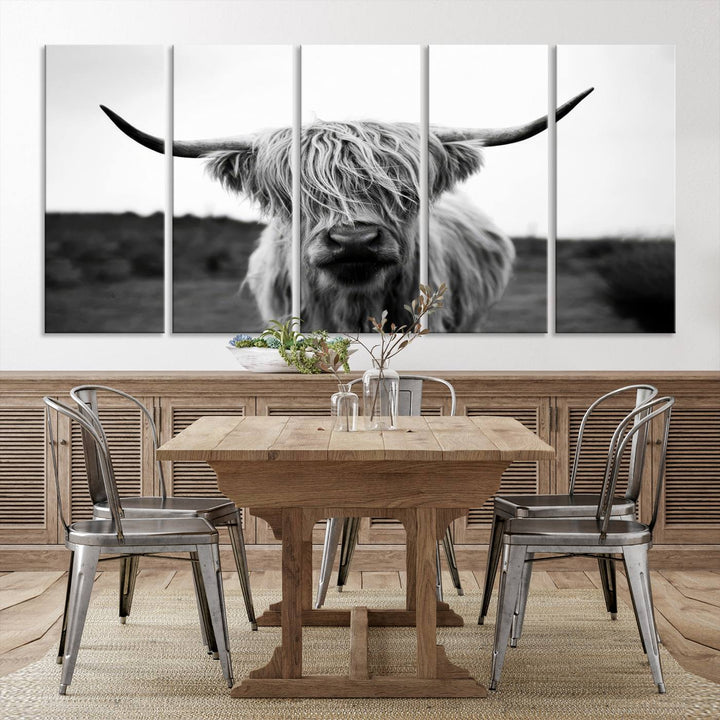 Highland Cow Wall Art | Black and White Farmhouse Decor | Ready to Hang Triptych Canvas Print | Rustic Barn Decor | Scottish Highland Cattle Art Print