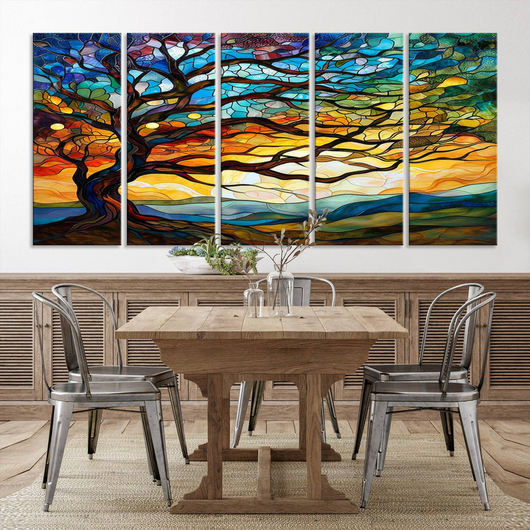 Mosaic Tree Wall Art | Ready to Hang Stained Glass Style Canvas Print | Farmhouse Wall Decor, Cabin Wall Art, and Unique Nature Home Decor