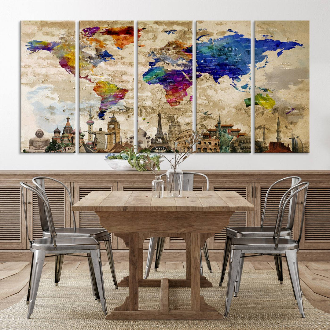 Artistic world map featuring landmarks like the Eiffel Tower, printed on premium wall art for office or living space.