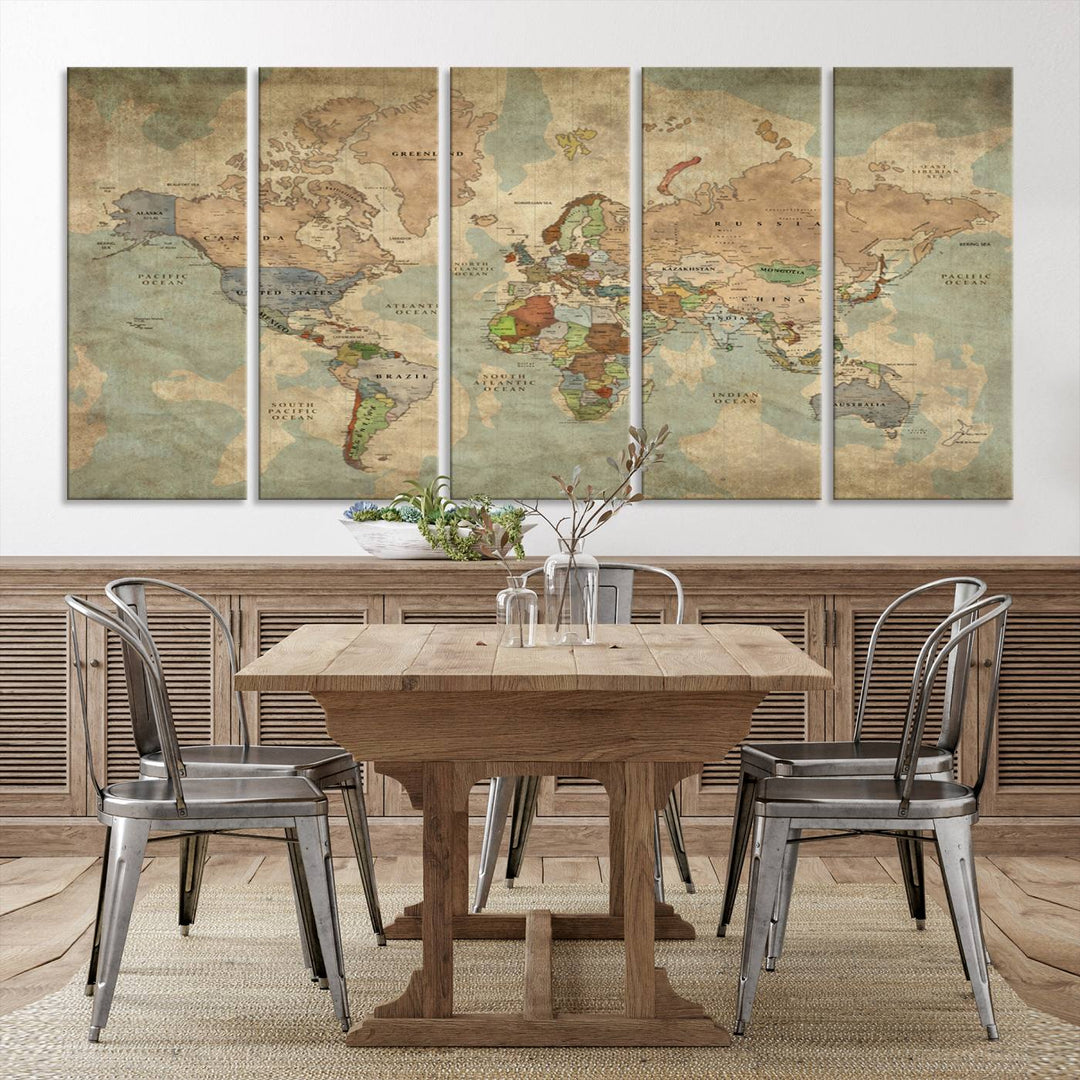 Vintage World Map Canvas Wall Art – Antique Triptych Map Print – Rustic Global Decor for Living Room or Office – Ready to Hang