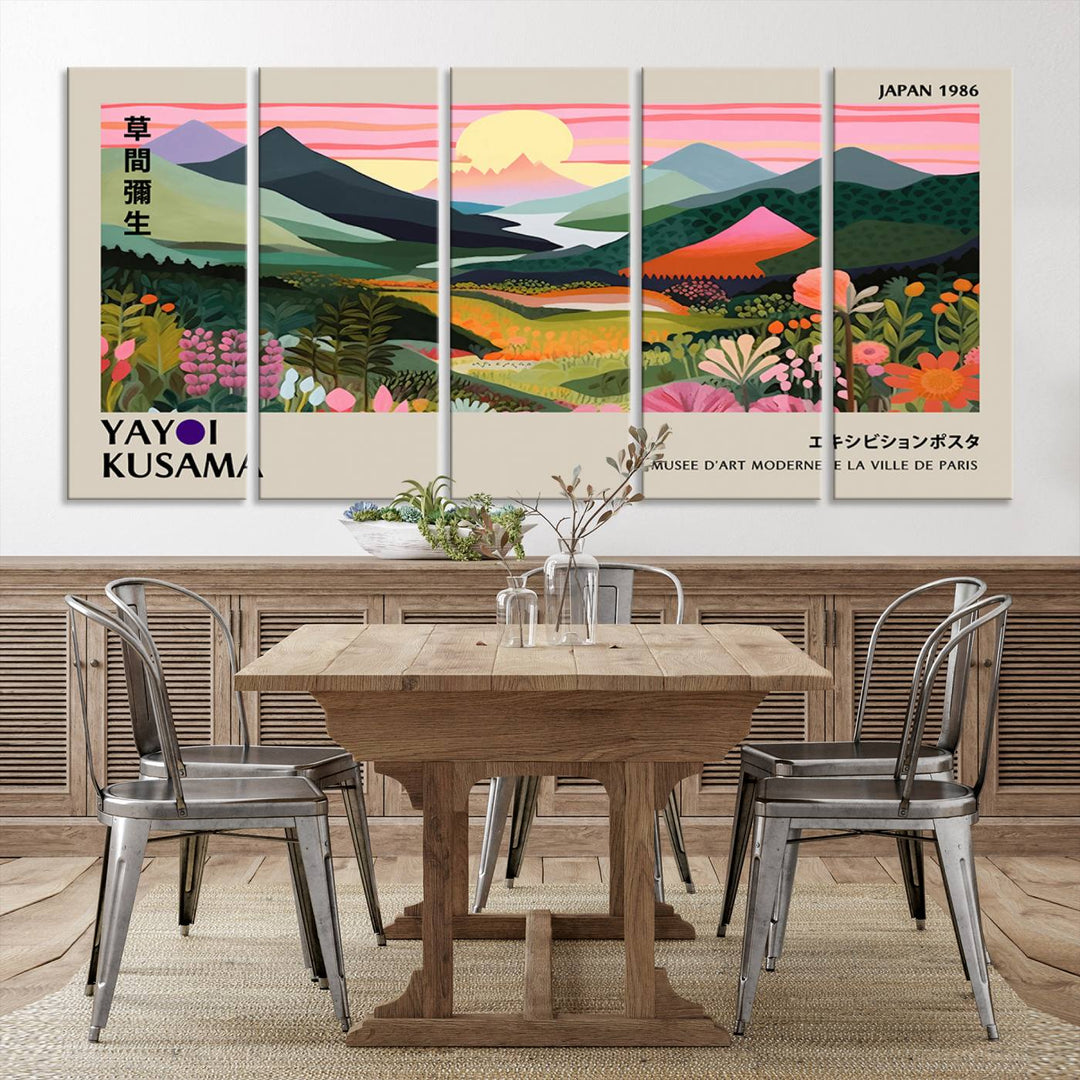 Vibrant abstract landscape canvas with mountains and fields, titled Yayoi Kusama 1986 Wall Art Print.