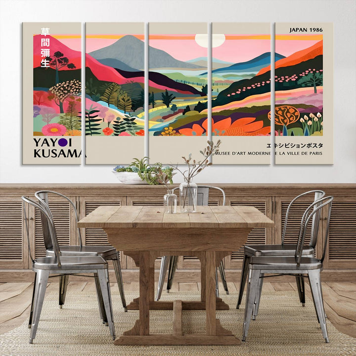 Vibrant abstract landscape canvas inspired by Yayoi Kusama, featuring mountains, trees, and flowers in a triptych style.