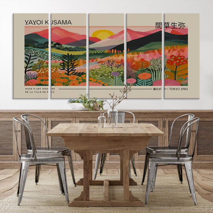 A vibrant abstract triptych features mountains, a sun, and plants in Yayoi Kusamas style with Japanese and French text included.