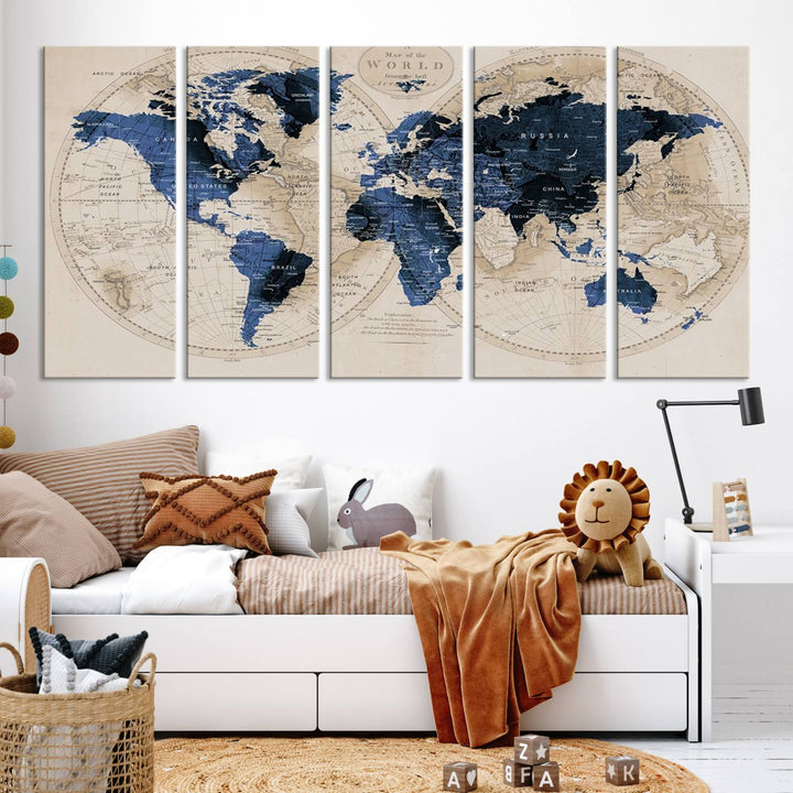The Vintage Triptych Map Print is a grunge-stained blue and beige world map, perfect for enhancing wall decor.