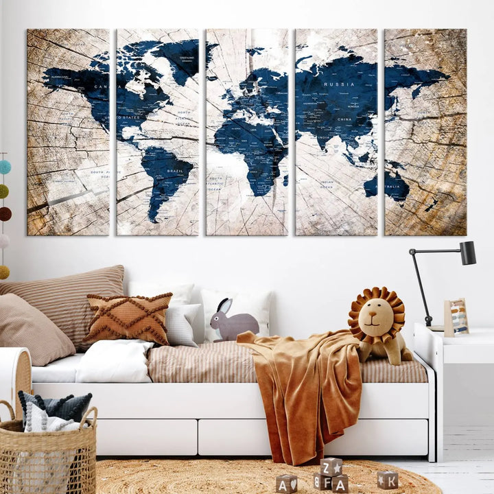 The living room exudes style with the Blue World Map Canvas Wall Art, a rustic-style triptych that's prominently displayed on the wall. This global decor piece adds an elegant touch to the space.