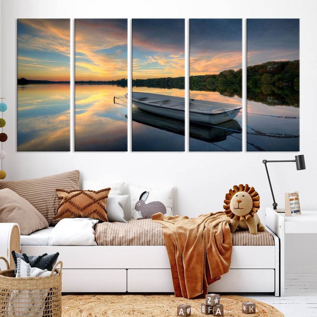 Serene Rowboat on Calm Lake Triptych Canvas Art, Giclee Wall Art of Peaceful Sunset Reflections, Tranquil Landscape Wall Art for Home or Office