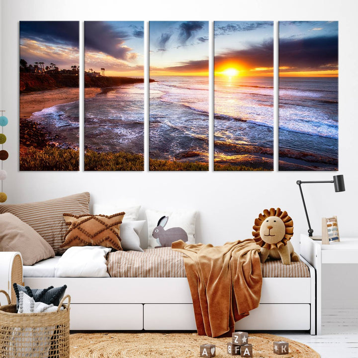 California Coastline Sunset Canvas Art, Ocean Waves Crashing on Cliffs, Giclee Canvas Print for Beach House Decor