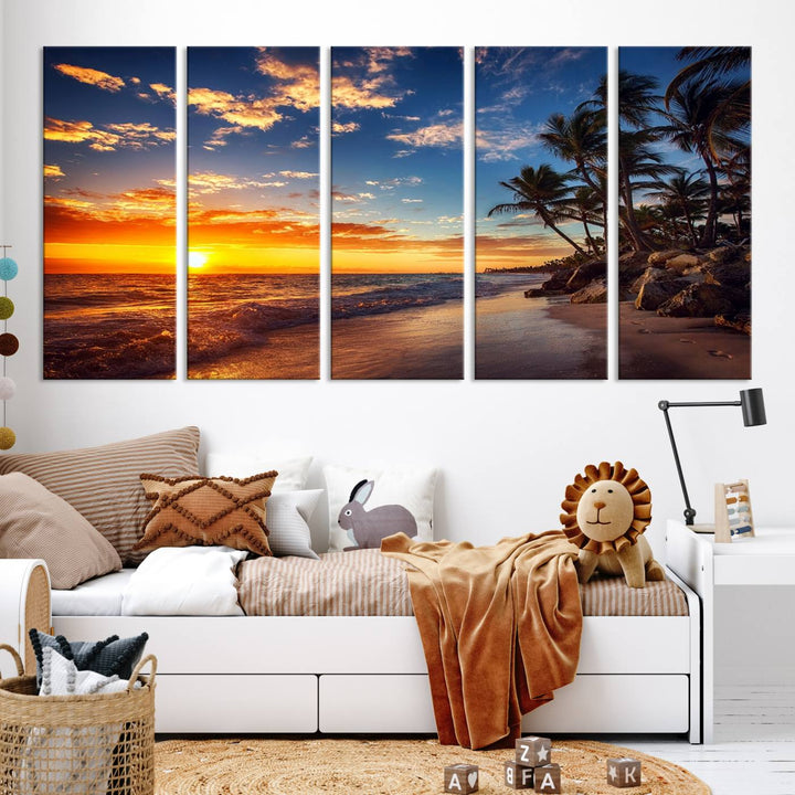 Tropical Beach Sunset Canvas Art, Palm Trees and Ocean Waves Wall Art, Giclee Print for Coastal Home Decor