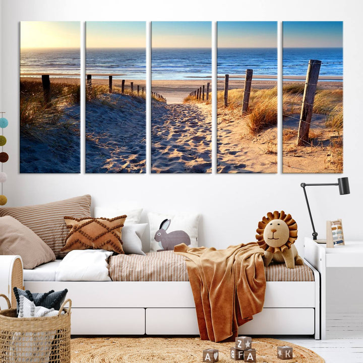 Tropical Beach Sunset Canvas Art, Ocean Waves and Sandy Shoreline Wall Art, Large Beach Decor for Coastal Homes