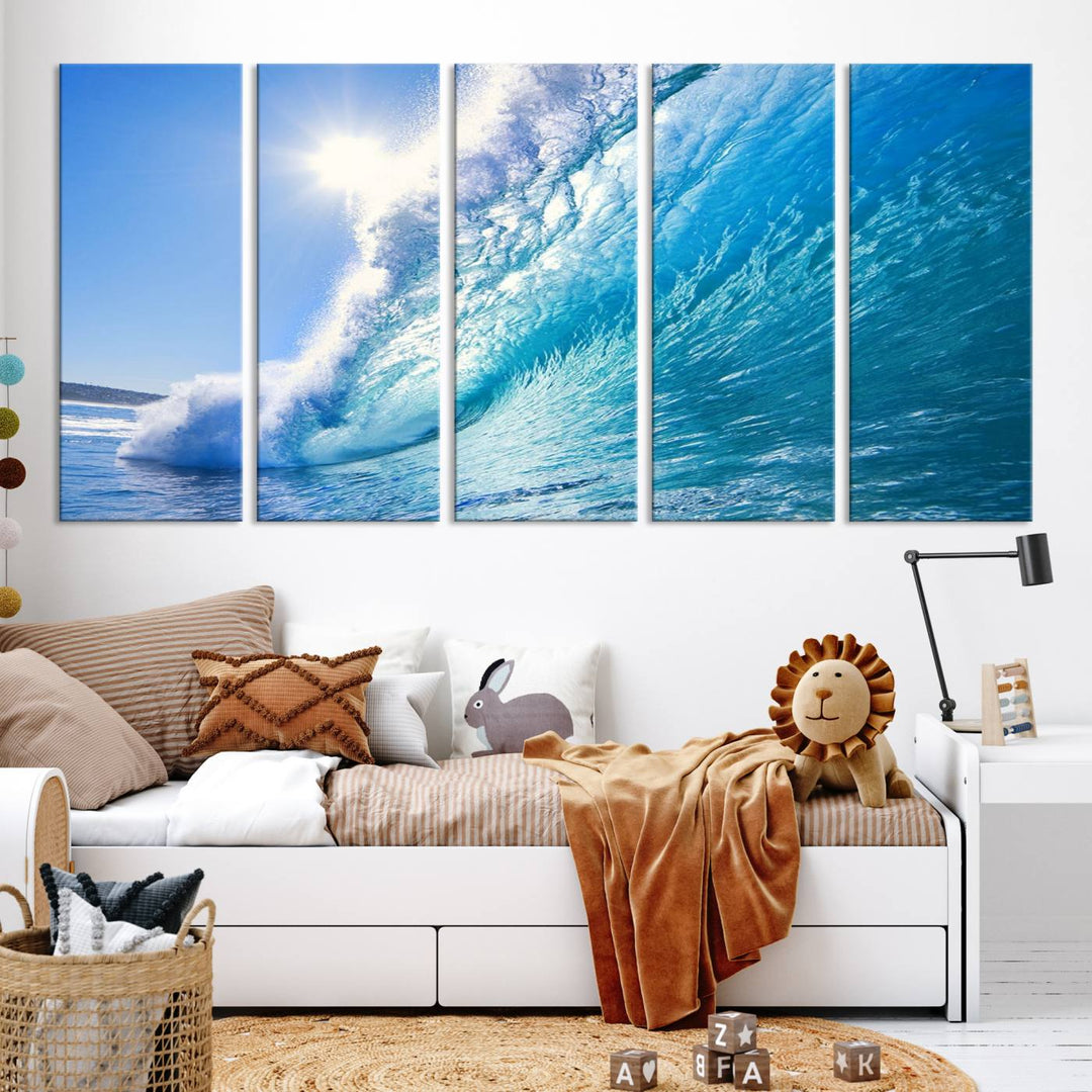 Blue Big Wave Surf Ocean Canvas Wall Art Artwork Print, Art mural de plage, Art de mur de mer