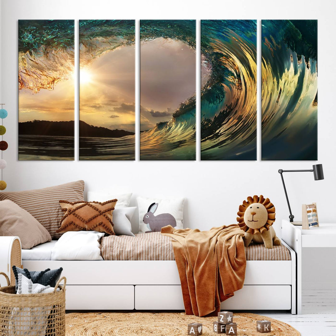 Surfing Big Wave on Ocean Canvas Wall Art Beach Canvas Sunset Artwork Print para sala de estar, decoración de la oficina en el hogar, arte de la pared de la playa, arte de la pared del mar