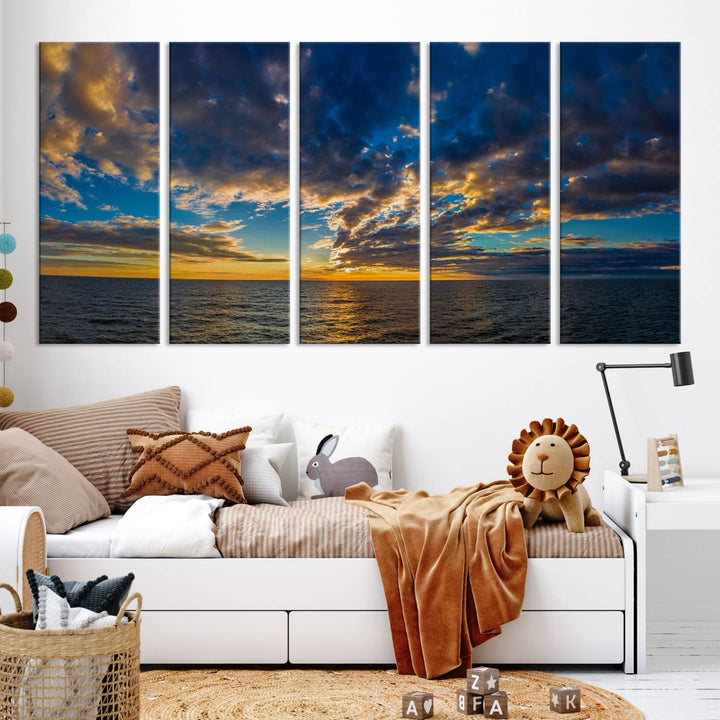 Dramatic Ocean Sunset Canvas Art, Panoramic Seascape Wall Art, Giclee Canvas Print with Canon Quality for Coastal Decor