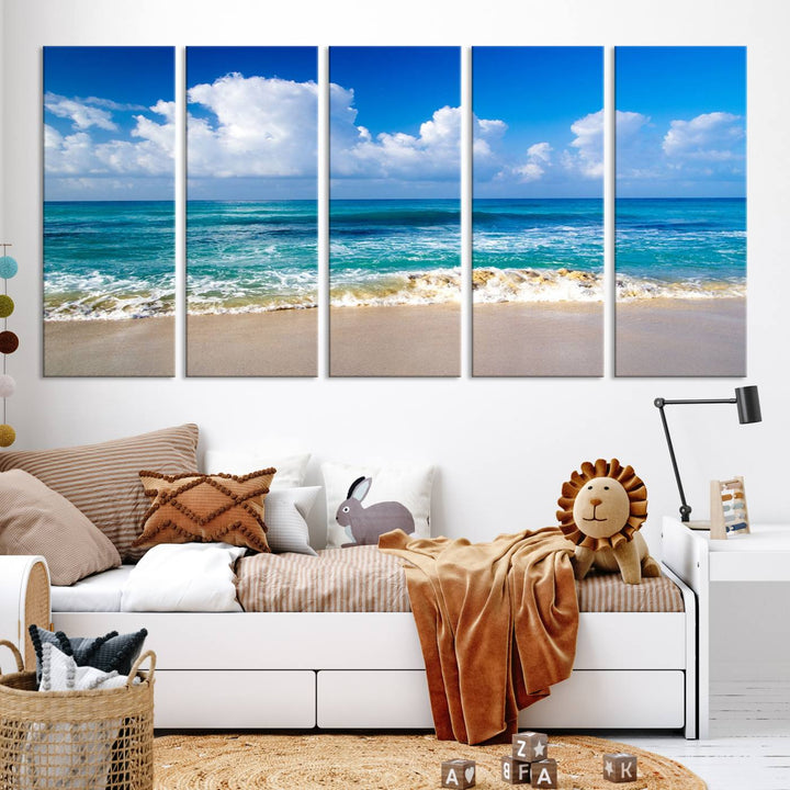 Tropical Beach 3-Panel Canvas Wall Art – Serene Ocean Waves and Blue Sky – Giclée Print for Living Room, Office, or Bedroom Coastal Decor