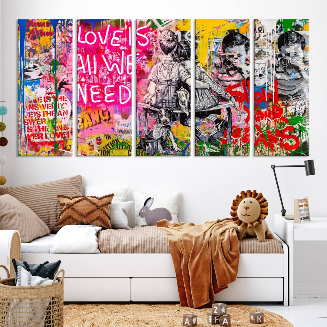 A vibrant and dynamic triptych features distorted horizontal lines, resembling graffiti street art. This artwork conveys the themes of "Follow Your Dreams" and "Love is All We Need" across three colorful panels.