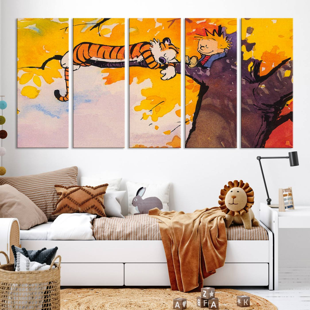 Premium canvas Calvin Wall Arts featuring a boy and tiger relaxing on a branch.