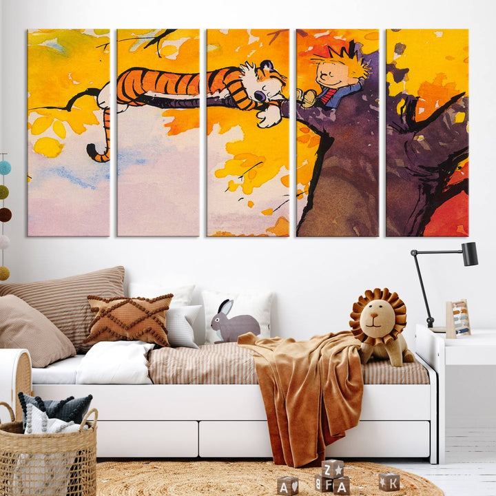 Premium canvas Calvin Wall Arts featuring a boy and tiger relaxing on a branch.