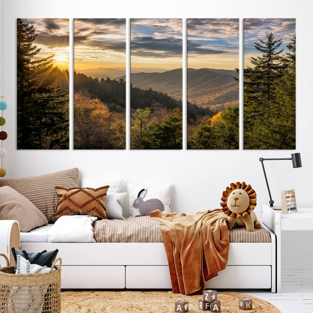 The dining area is beautifully decorated with the Sunrise Over the Smoky Mountains Canvas Wall Art – a breathtaking scenic landscape photography in a stunning triptych that's ready to hang.