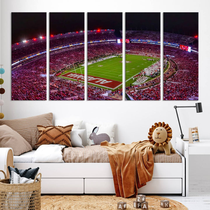 A stunning triptych canvas wall art of the Bryant-Denny Stadium Night Game perfectly captures the energy and excitement of an Alabama Crimson Tide football match at night.