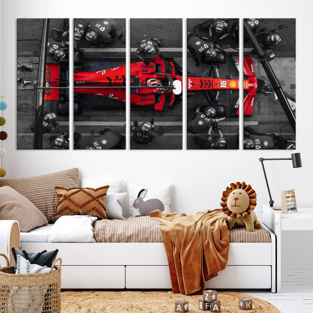 The Ferrari Pit Stop Canvas Wall Art features bold motorsport imagery that captures the precision and speed of Formula 1.