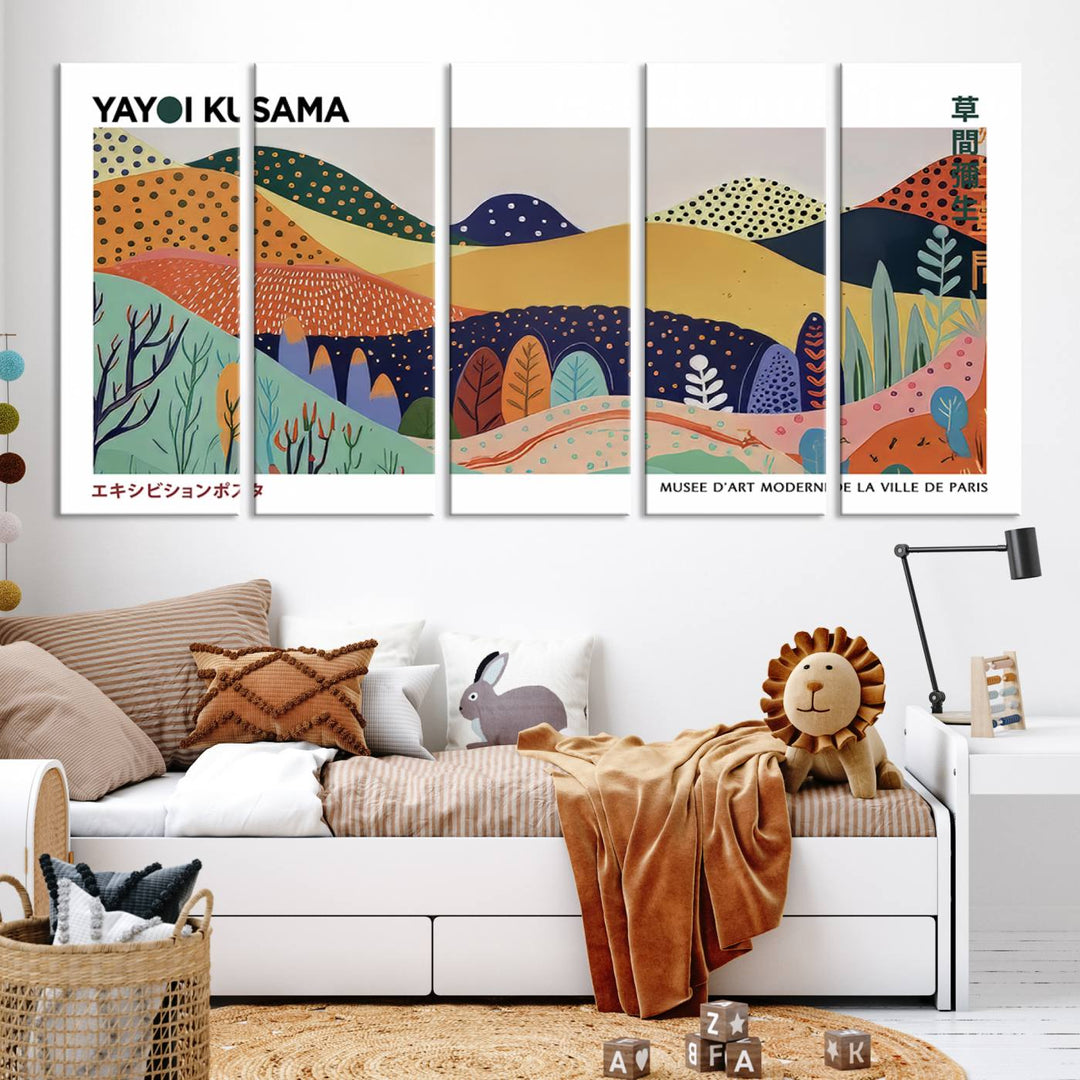 A triptych featuring the Framed Yayoi Kusama 1986 Wall Art Print hangs above. This Japanese Wabi Sabi inspired piece, rich in vibrant abstract landscapes, adds an elegant touch to any nature-inspired décor.