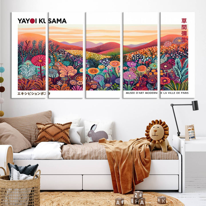 A Framed Yayoi Kusama 1986 Wall Art Print, showcasing a vibrant abstract landscape with flowers and reflecting the Wabi Sabi style, is displayed.