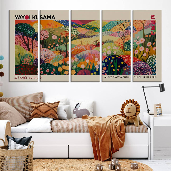 The Framed Yayoi Kusama 1986 Wall Art Print, a vibrant abstract landscape canvas inspired by Japanese design, adds a striking element to the bright room.