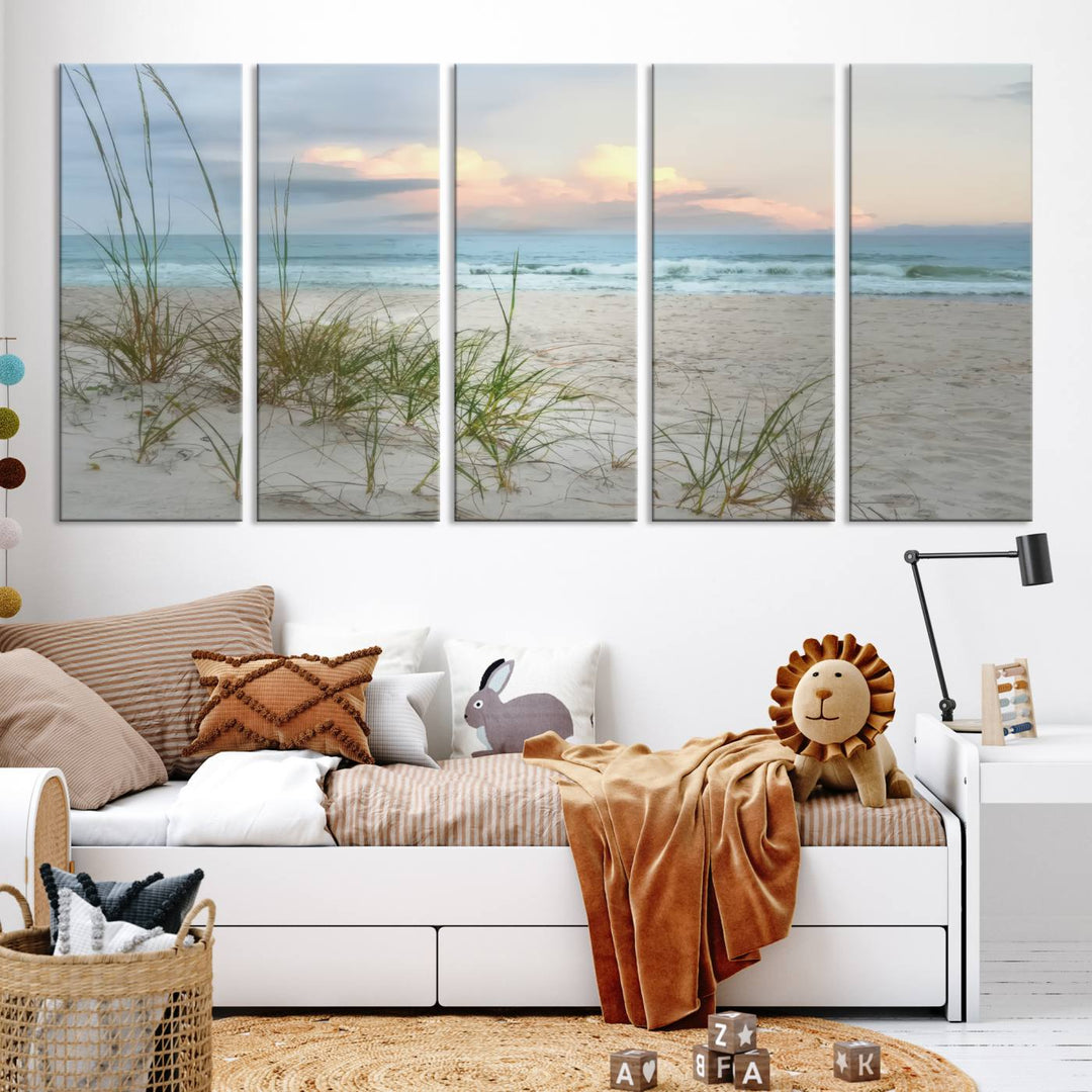 Flight Over Coastal Beach print on UV canvas displayed against white walls.