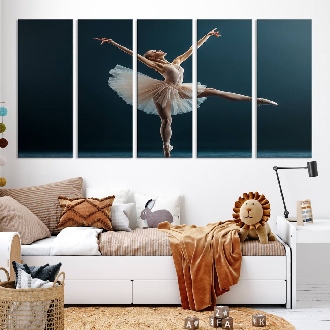 This stunning Ballerina Canvas Wall Art Print captures the elegance of a ballet dancer in motion, beautifully highlighted against a stage-like backdrop with delicate decor and natural elements. As graceful dance-inspired wall decor, it adds an element of grace and movement to any living room, office, or bedroom and is ready to hang.