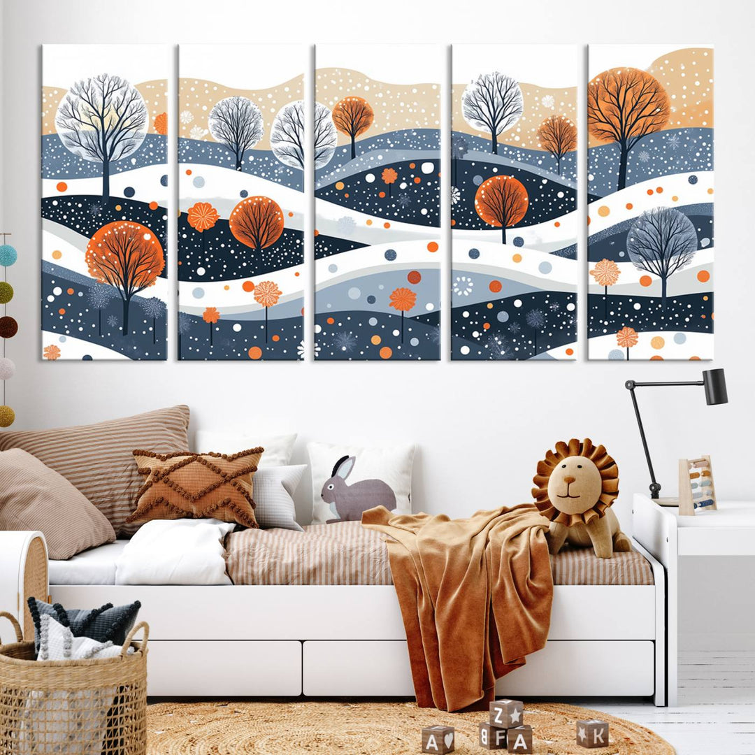 The "Abstract Winter Landscape Canvas Wall Art Print," featuring a triptych of landscapes with trees and hills in vibrant orange, white, and blue hues, adds a gallery-quality finish that transforms the space into an art lover's dream.