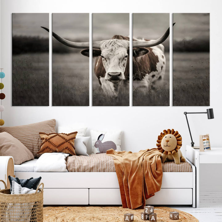 The Texas Longhorn Cow Canvas Wall Art Print adds a rustic touch to a living room.