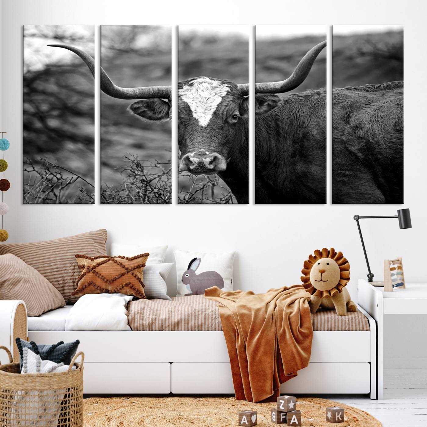 76200-MGV-CV-36X24-Western Home Wall Art Canvas Print, Framed Texas Longhorn Art Picture Print, Rustic Cow Perfect Rustic Farmhouse Decor Artwork