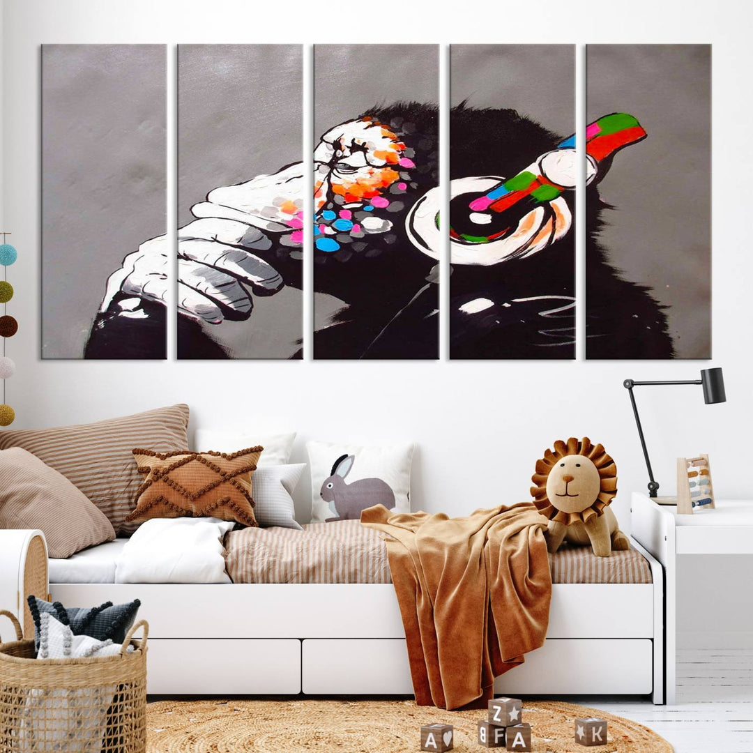 A vibrant triptych, the "DJ Monkey Listening to Music" wall art print, features a Banksy-inspired large canvas adorned with colorful modern pop art. This striking piece elegantly enhances the room with its dynamic and lively depiction.