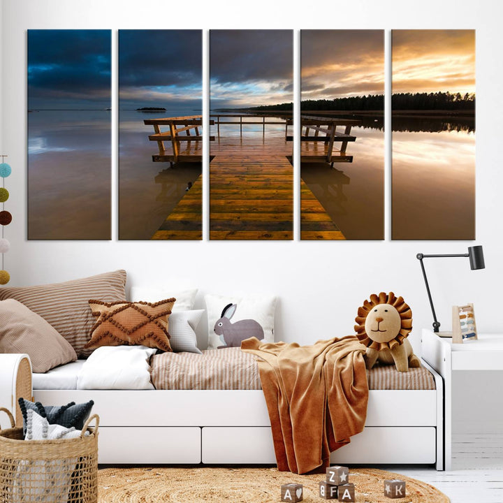 The "Serene Lake Pier at Sunset" landscape canvas print, crafted as ready-to-hang and framed wall art, enriches the contemporary setting by capturing the tranquility of a lakeside pier at sunset.