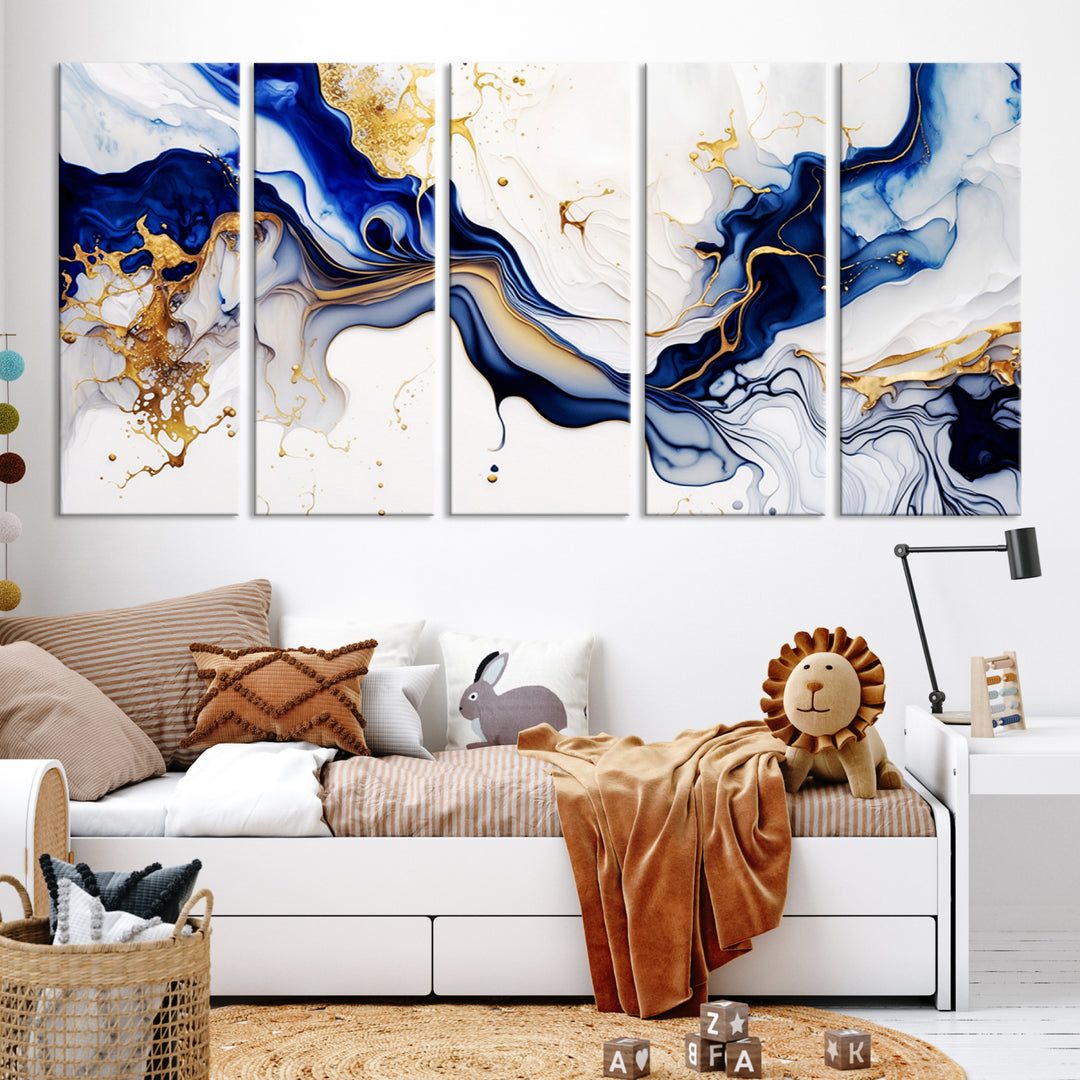 Golden Cascades on Midnight Blue – Abstract Flowing Elegance | Wall Art Canvas, Framed & Ready to Hang