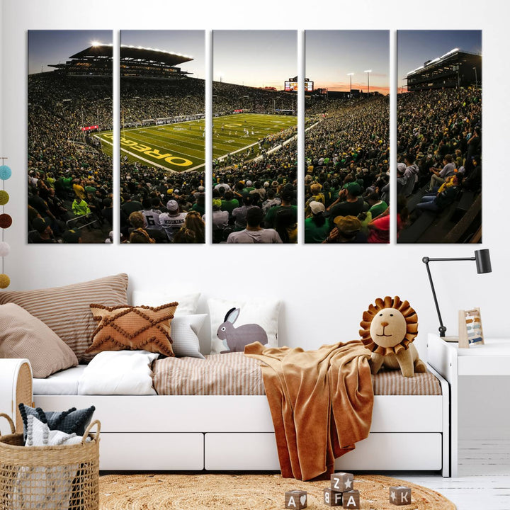 Autzen Stadium Evening Game Triple Canvas Wall Art - Oregon Ducks Football Match