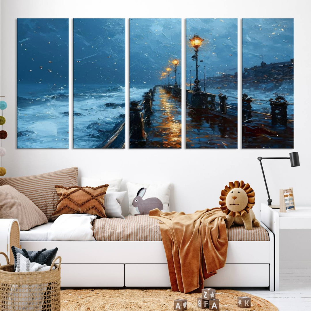 Framed 3-Panel Seaside Night Pier Oil Painting Canvas Wall Art | Ready to Hang Coastal Landscape Art for Modern Living Room, Office, or Bedroom Decor