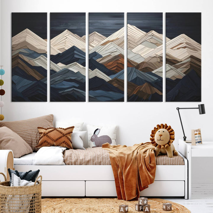 Wood Style Mountain Range Wall Art - Ready to Hang 3-Piece Set for Modern Rustic Decor, Abstract Wooden Design for Living Rooms, Bedrooms & Offices