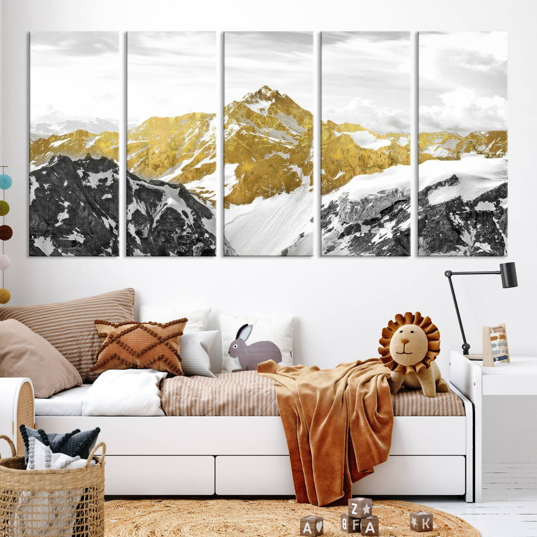 Gold Mountains Wall Art Print on Canvas, Nature Wall Art Print,