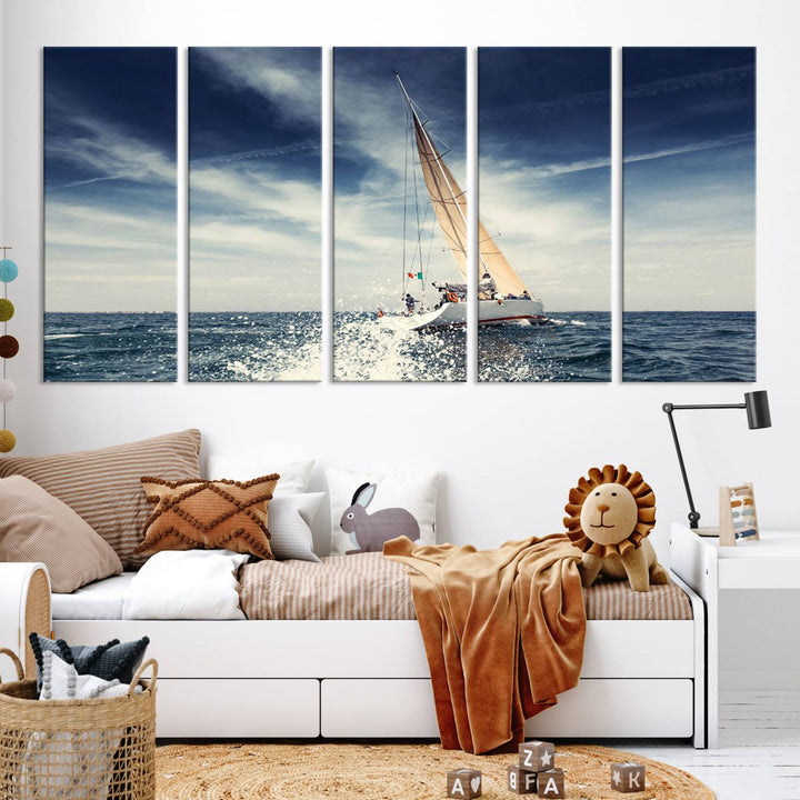 Sailboat Ocean Beach Blue Sky Wall Art Canvas Print