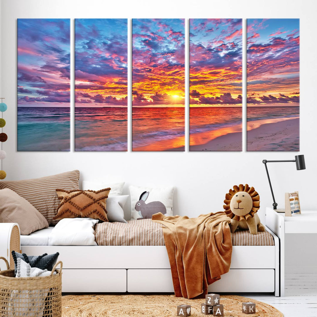 Vibrant Sunset Beach Wall Art | Ocean Sunset Canvas Print | Coastal Wall Art Decor | Ready to Hang | Stunning Sunset Scene for Home or Office Decor